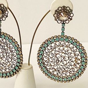 Vintage 1980's NIKOLAS FRANGOS Filigree Rhinestone OVERSIZED Clip On Earrings 4"